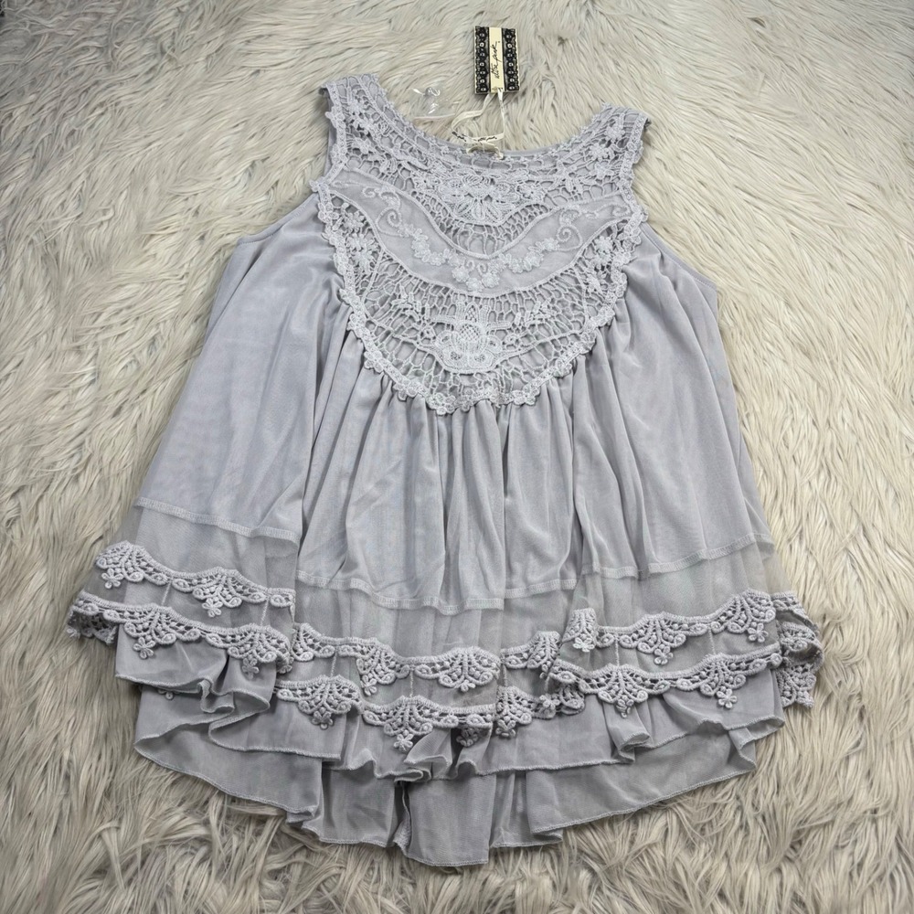 NWT Ultra Pink Women's M Gray Sheer Mesh Lace Trim Tank Etherial Fairy Romantic